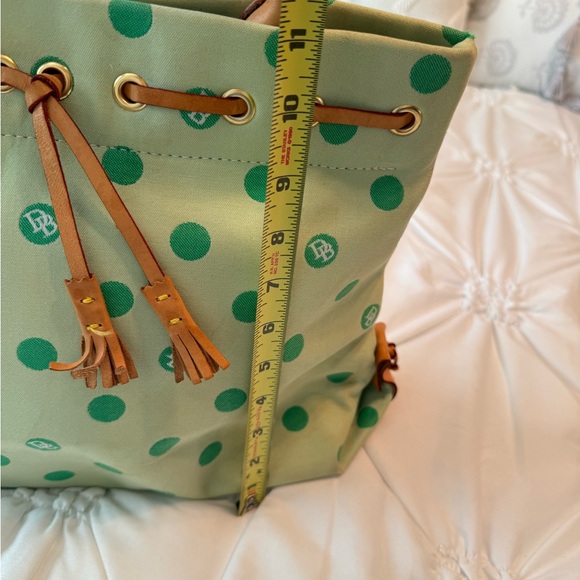 Dooney & Bourke Green Polka Dot Tote Bag with Tan Leather Handles And Tassels - Picture 12 of 14